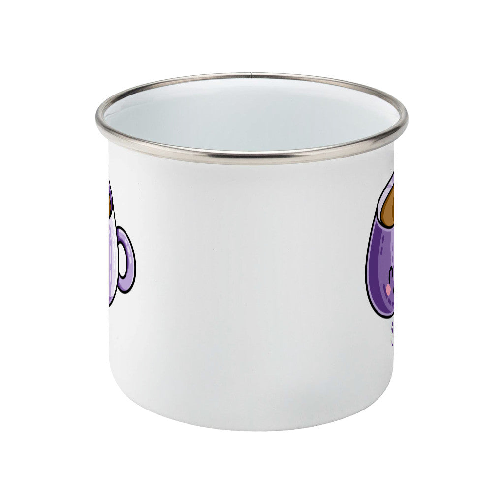 Personalised kawaii cute design of a purple coffee mug on a silver rimmed white enamel mug, side view