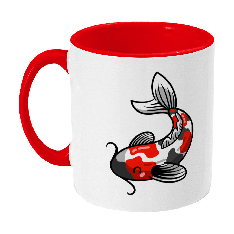 Kawaii cute orange, black and white koi carp fish design on a two toned red and white ceramic mug, showing LHS