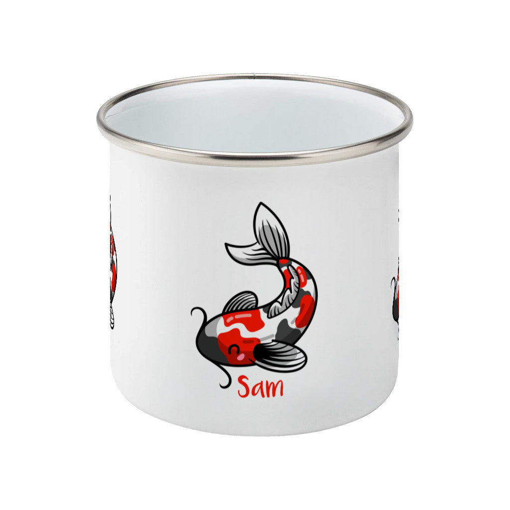 Kawaii cute orange, white and black koi carp fish design on a silver rimmed white enamel mug, middle view