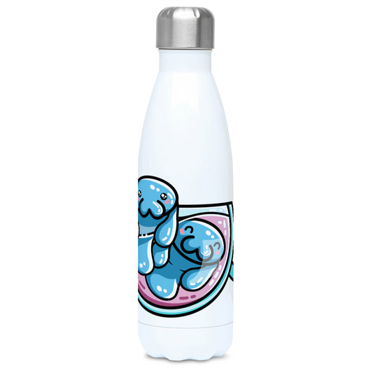 two kawaii cute blue manatees swimming in a glass teacup design on a white metal insulated drinks bottle, lid on