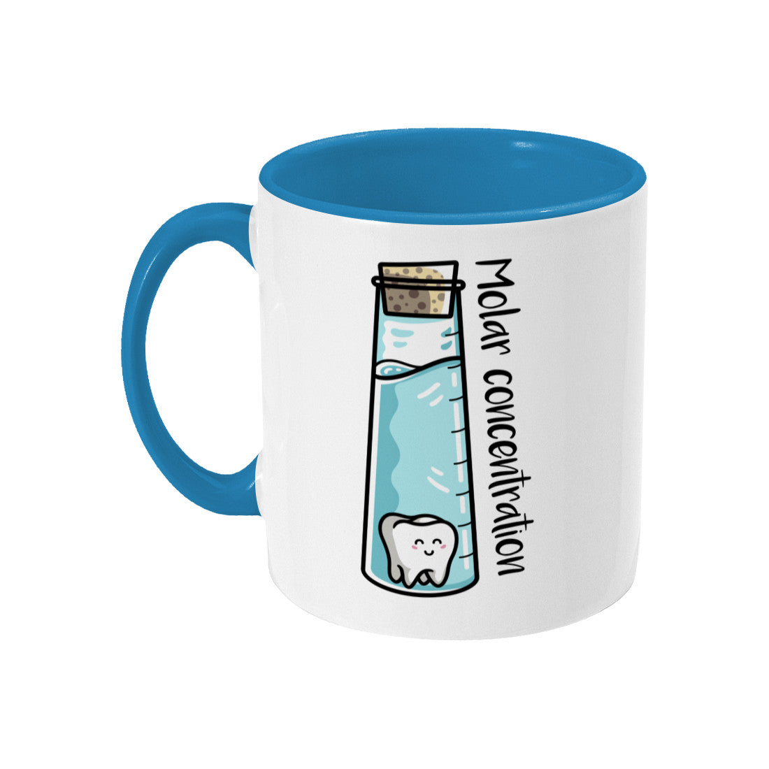 A corked chemistry vessel of liquid containing a molar tooth design on a two toned blue and white ceramic mug, handle to the left