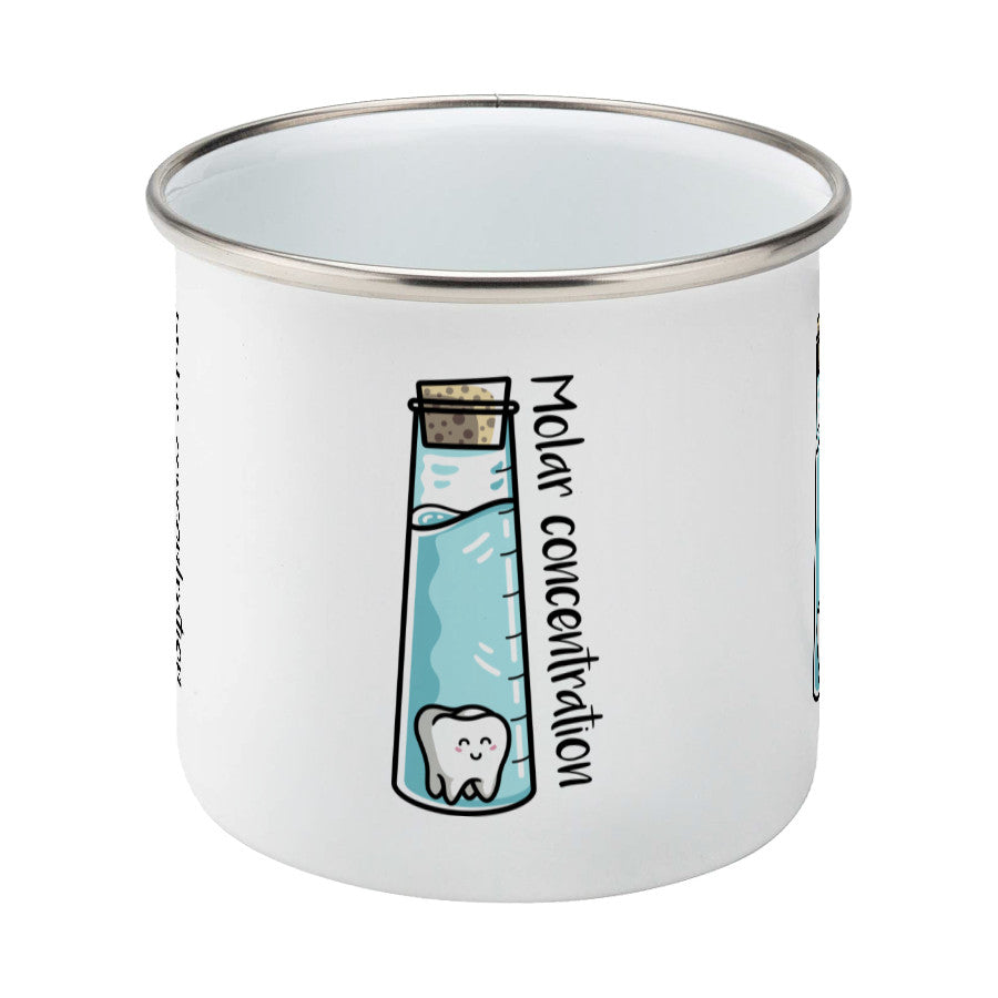 A corked chemistry vessel of liquid containing a molar tooth design on a silver rimmed white enamel mug, side view
