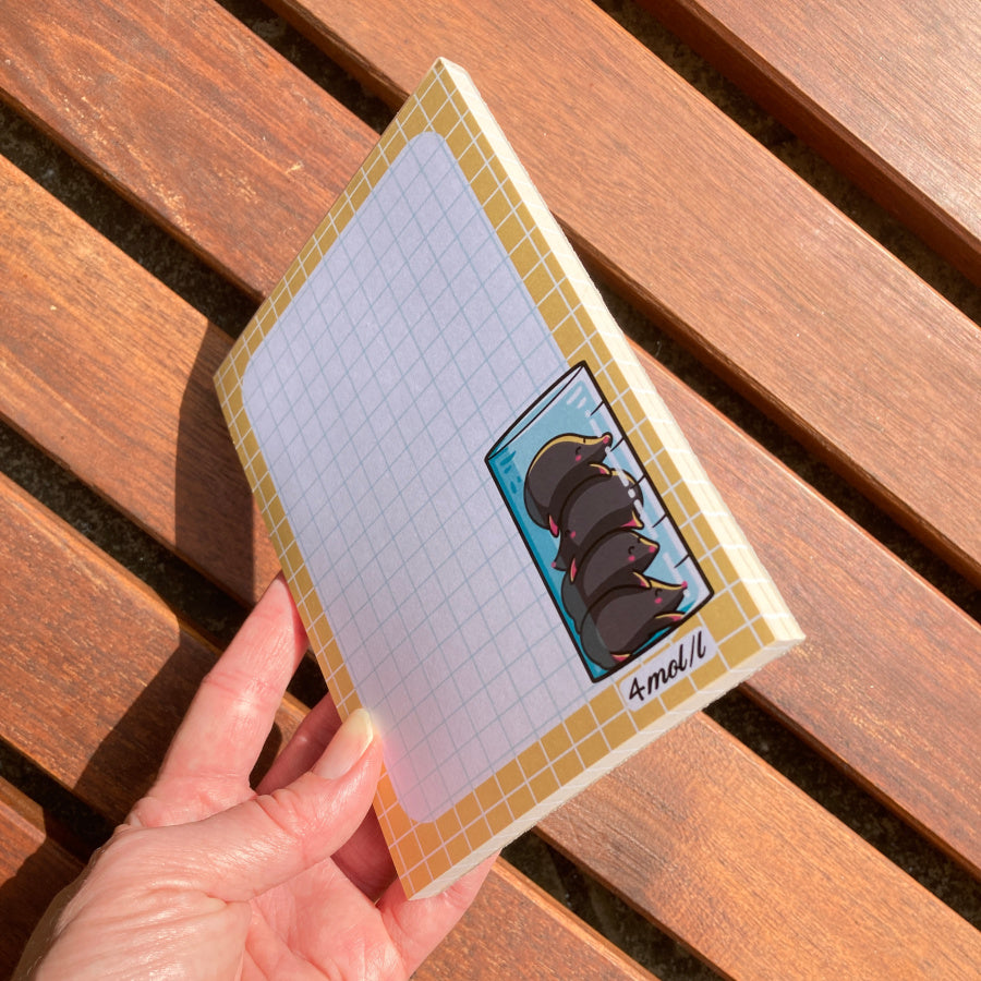 Holding the notepad at an angle, to see the thickness of the notepad.