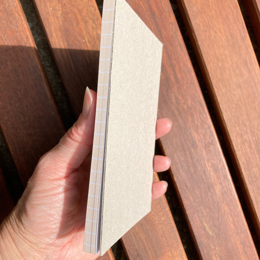 The notepad held side on and showing the greyboard back of the notepad.