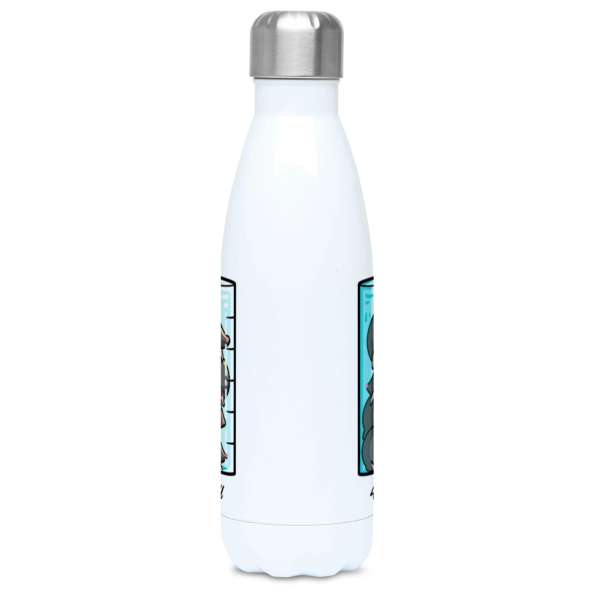 A chemistry beaker filled with 4 cute moles design on a white metal insulated drinks bottle, side view