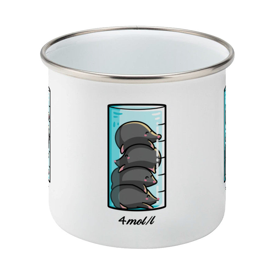 A chemistry beaker filled with 4 cute moles design on a silver rimmed white enamel mug, side view