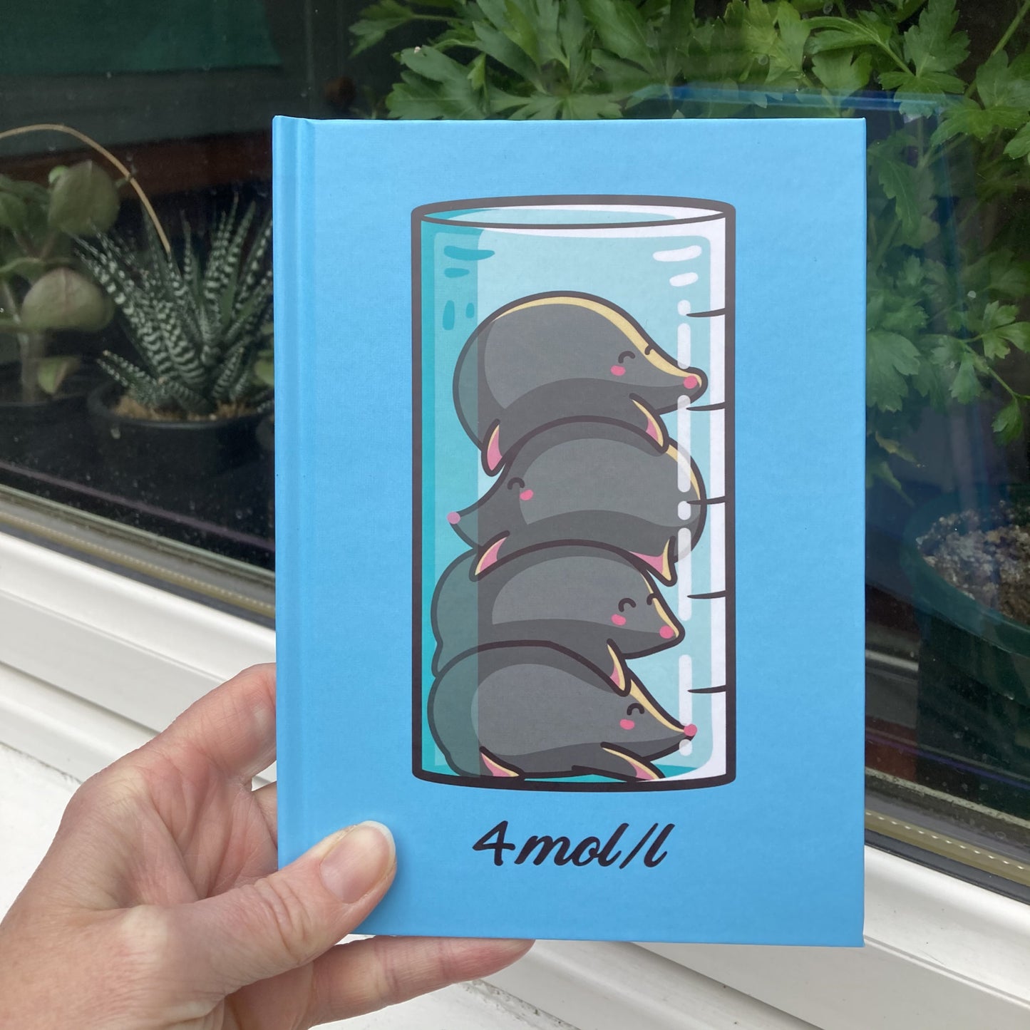 Blue hardback journal being held showing the front with a 4 kawaii cute moles piled in cylindrical vessel with 4 mol/l written beneath