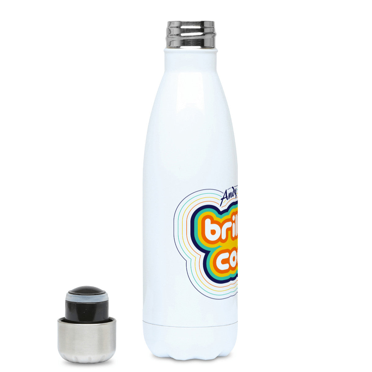 Personalised stripey brilliiant coach design on a white metal insulated drinks bottle, lid off
