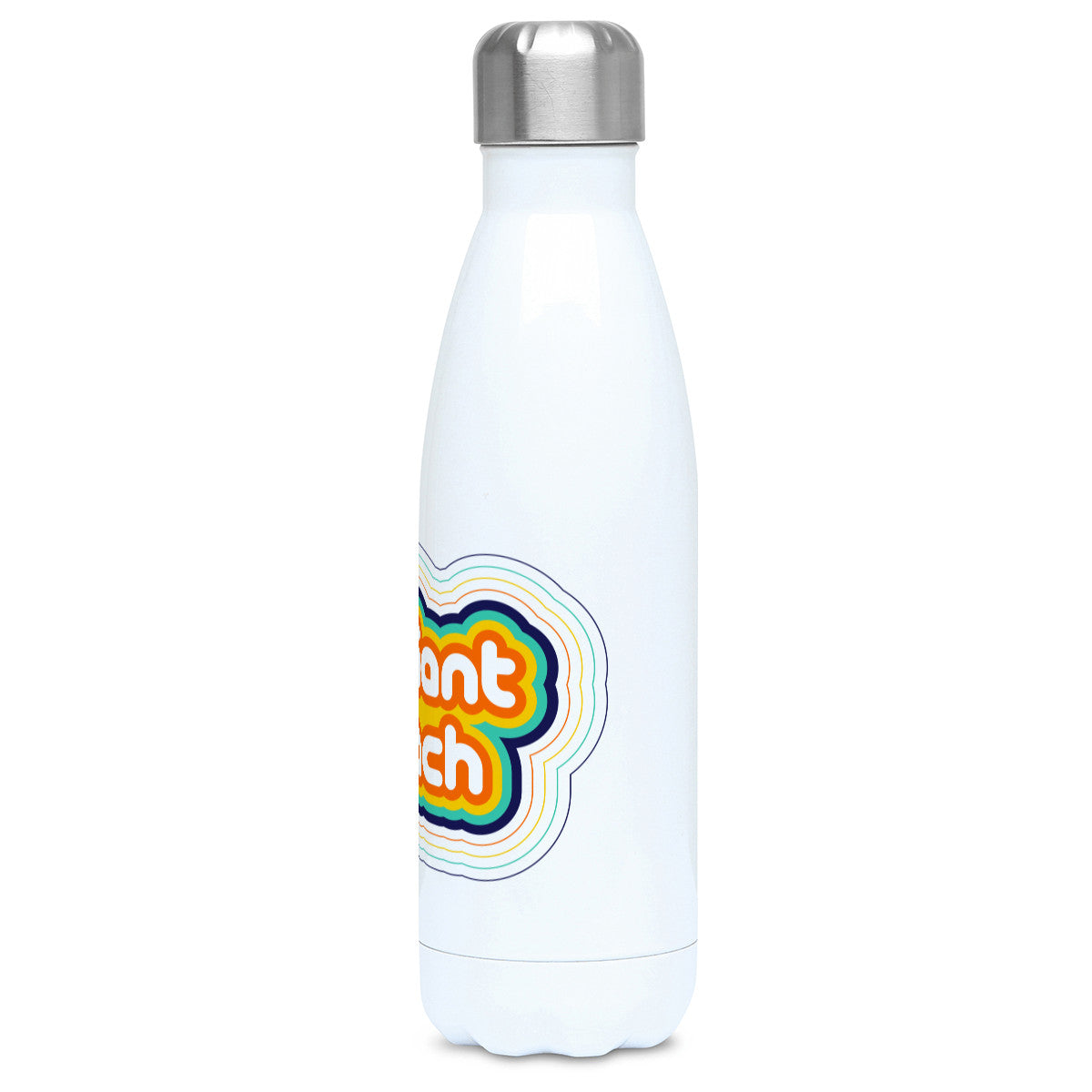 Personalised stripey brilliiant coach design on a white metal insulated drinks bottle, side view