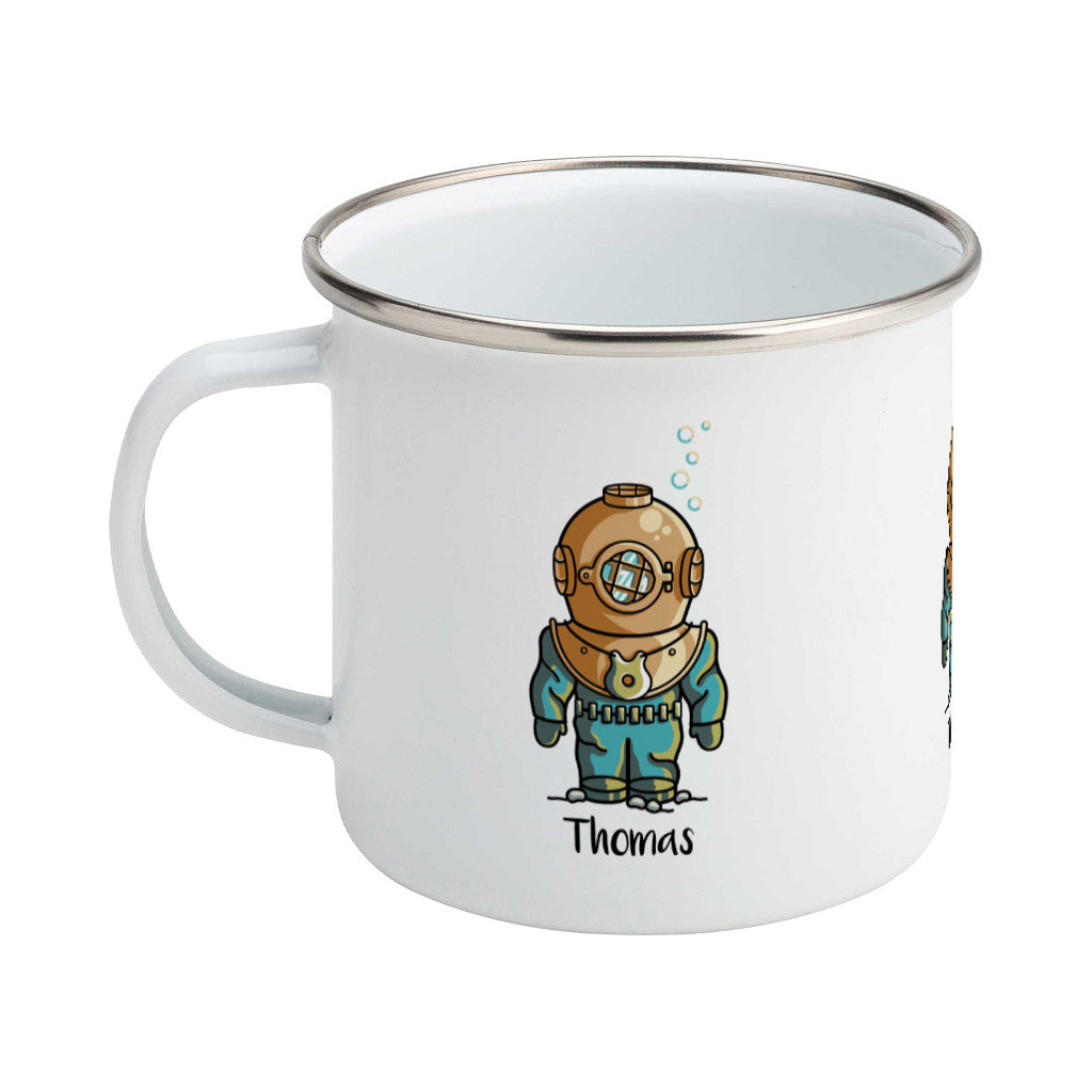 Personalised cute vintage deep sea diver design on a silver rimmed white enamel mug, showing LHS