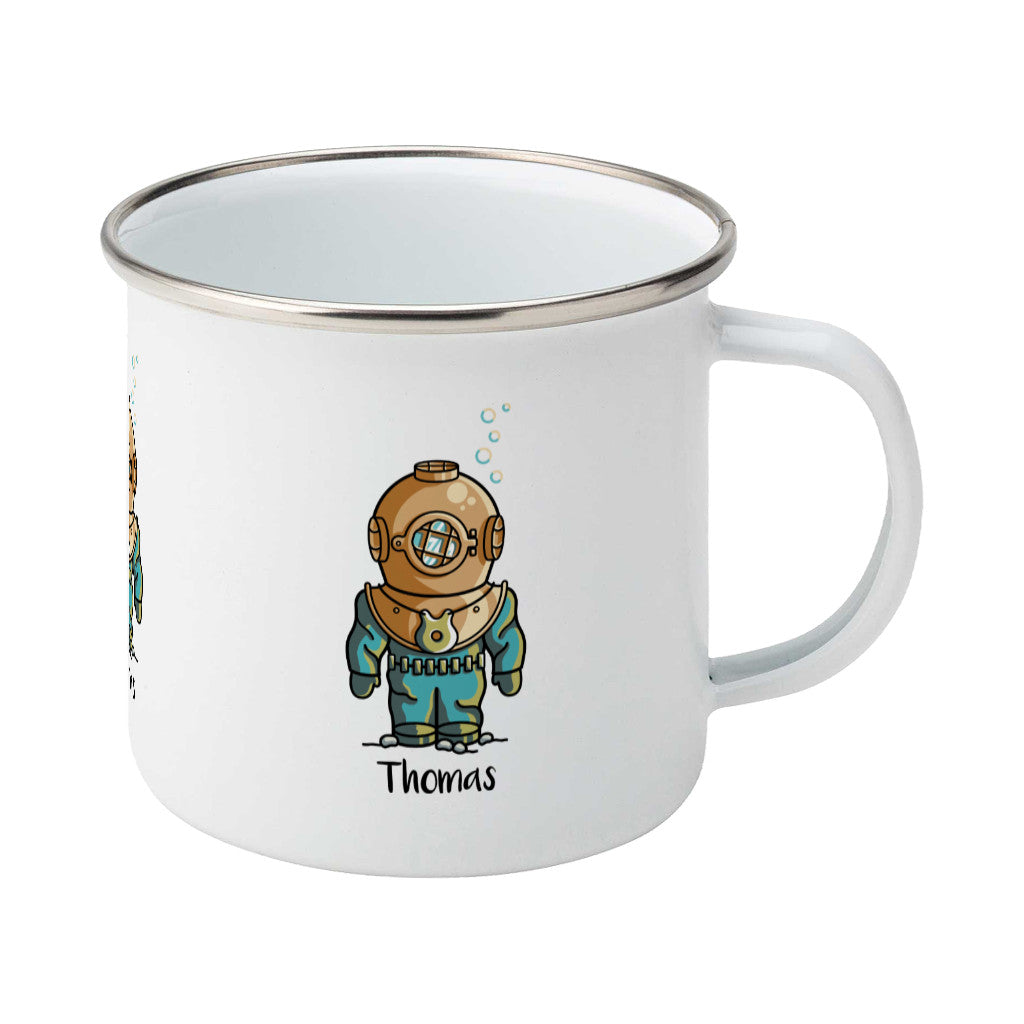 Personalised cute vintage deep sea diver design on a silver rimmed white enamel mug, showing RHS