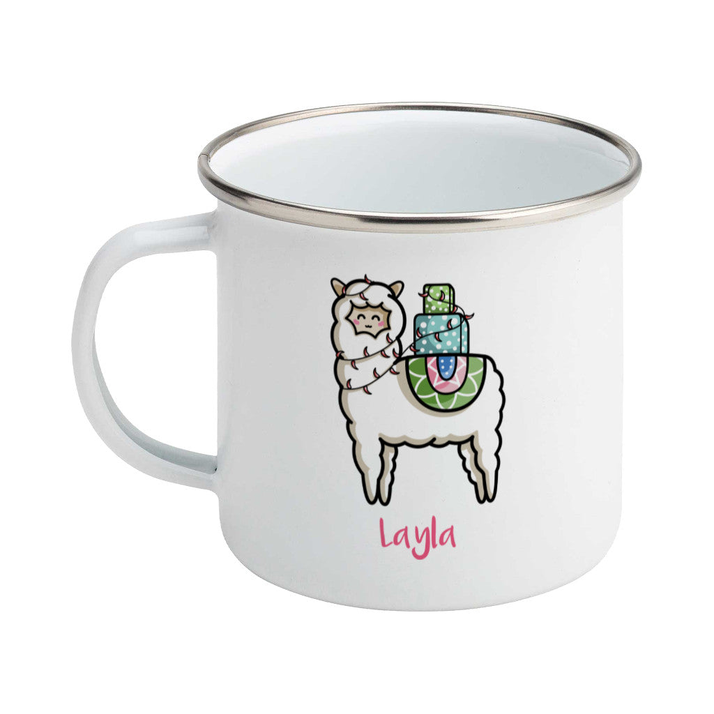 Kawaii cute white llama carrying a pile of presents design on a silver rimmed white enamel mug, showing LHS