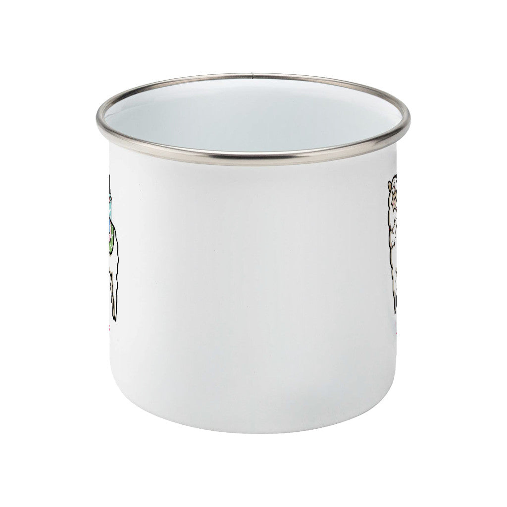 Kawaii cute white llama carrying a pile of presents design on a silver rimmed white enamel mug, middle view
