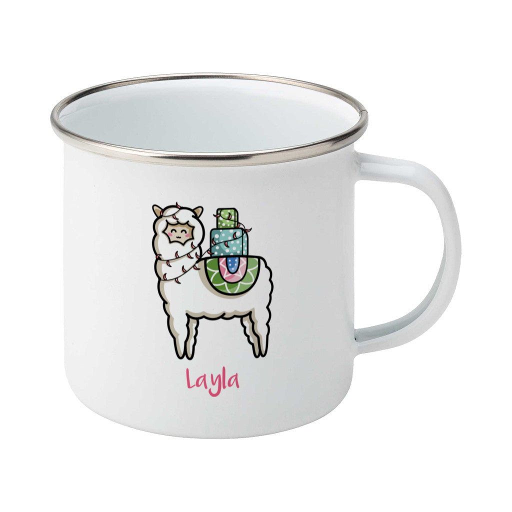 Kawaii cute white llama carrying a pile of presents design on a silver rimmed white enamel mug, showing RHS