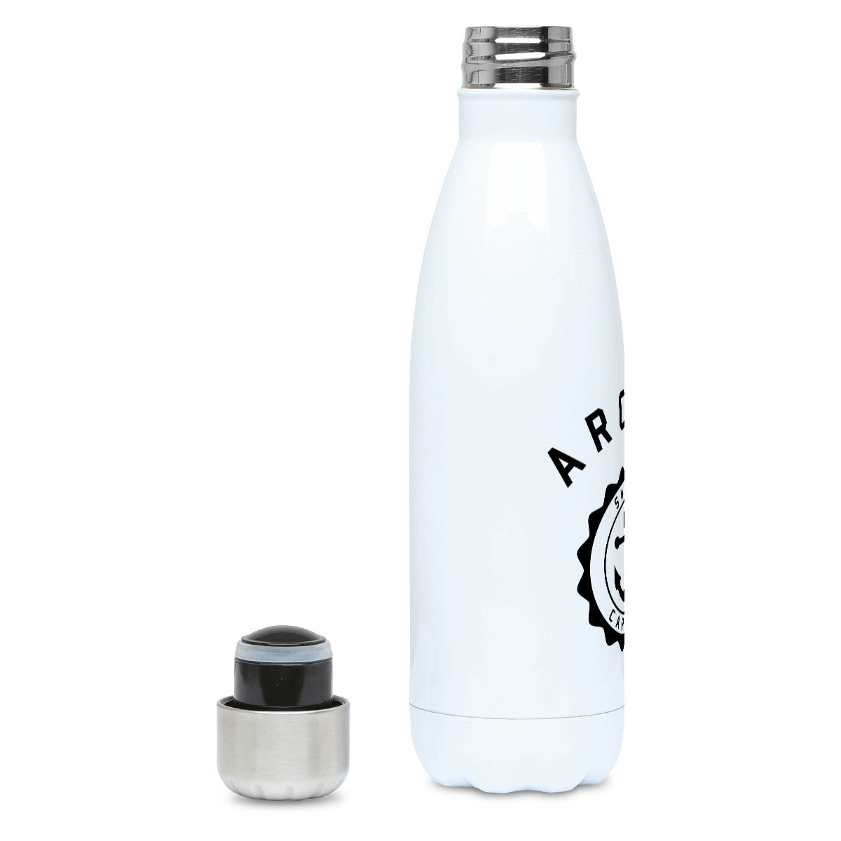 Personalised one colour circular design with a ship's anchor in the middle design on a white metal insulated drinks bottle, lid off