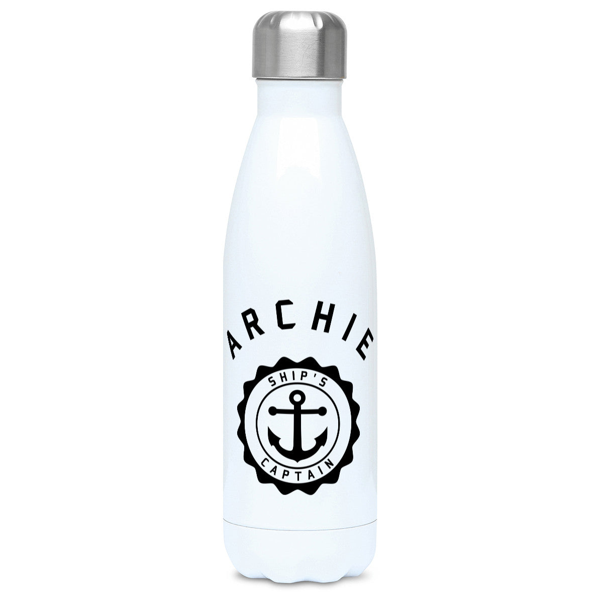 Personalised one colour circular design with a ship's anchor in the middle design on a white metal insulated drinks bottle, lid on