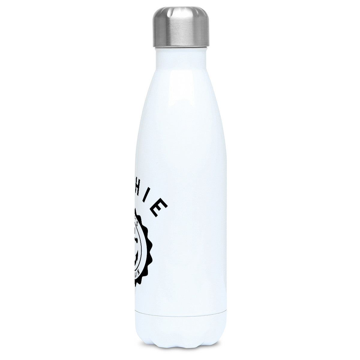 Personalised one colour circular design with a ship's anchor in the middle design on a white metal insulated drinks bottle, side view