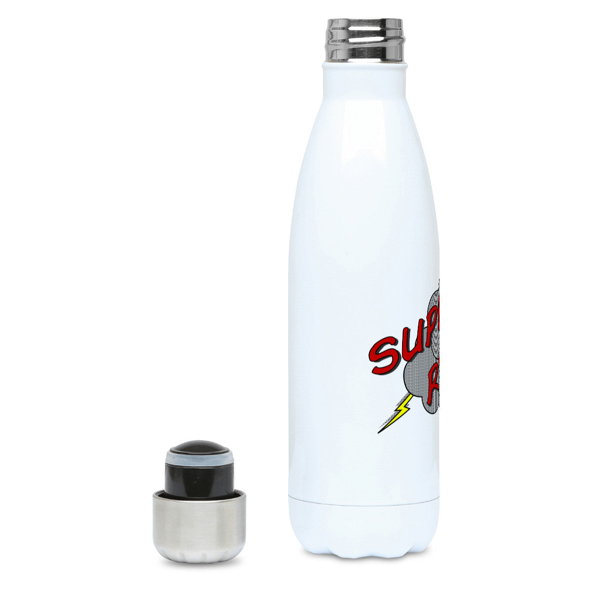 Personalised superhero style half toned comic speech balloon design on a white metal insulated drinks bottle, lid off