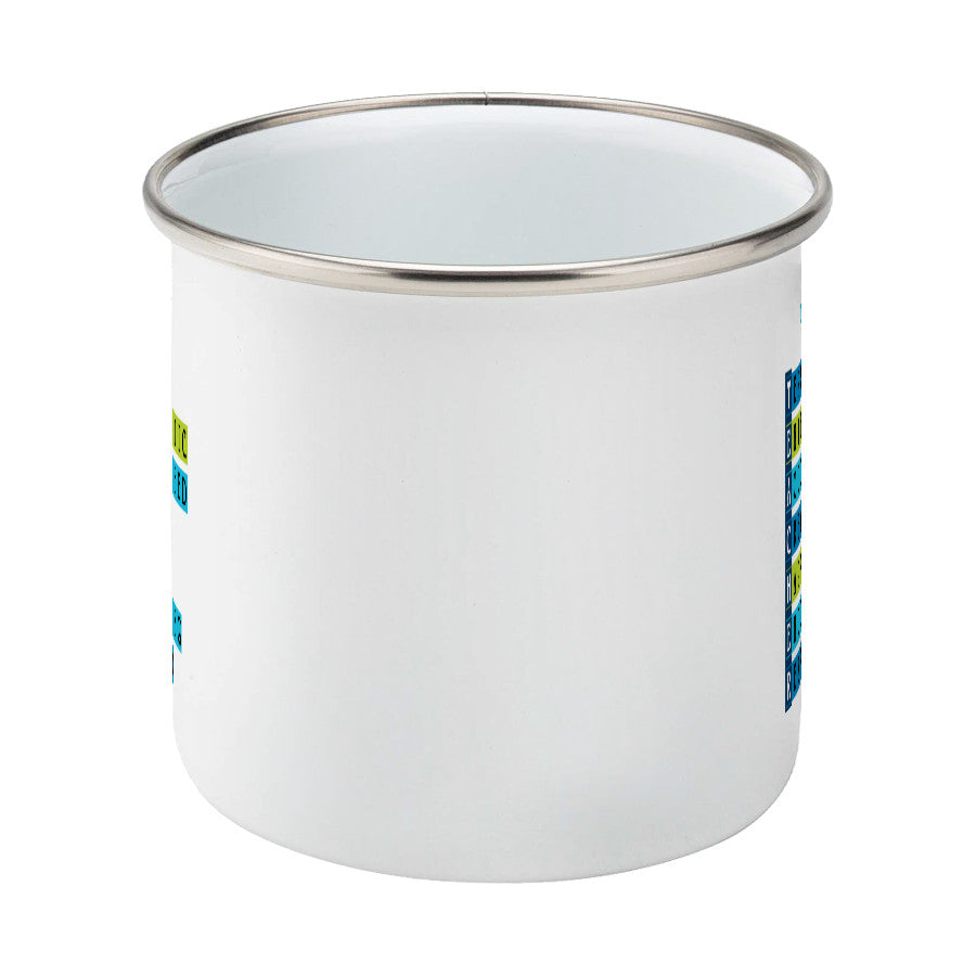 Words representing positive characteristics of teachers and personalised with a name on a silver rimmed white enamel mug, side view