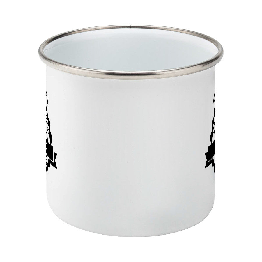 Personalised black circular banner design with the words 'terrific teaching assistant' on a silver rimmed white enamel mug, side view