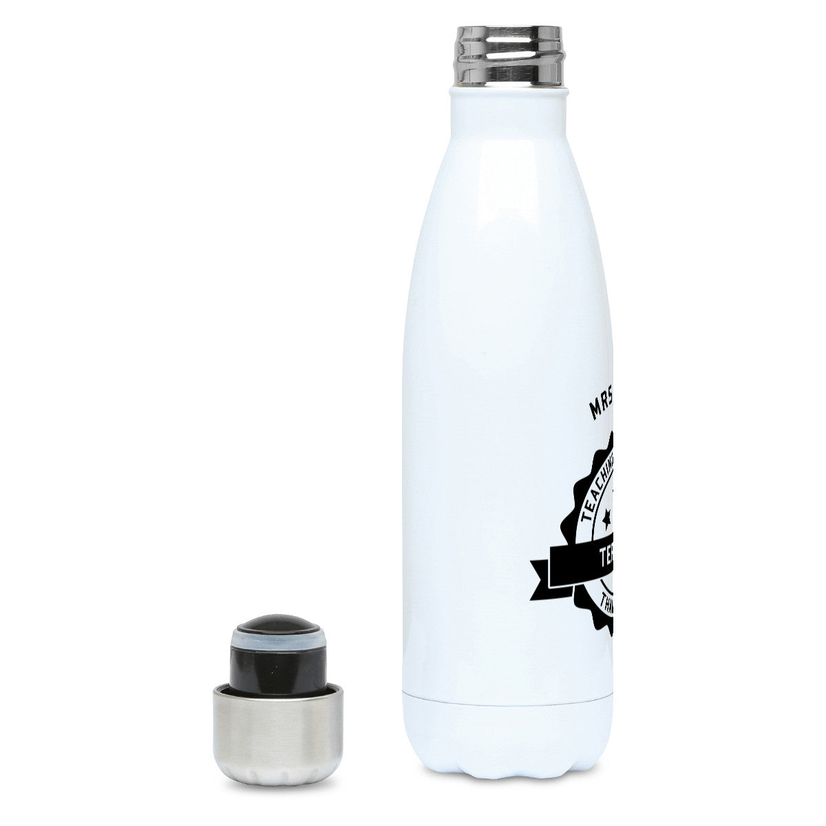 Personalised black circular banner design with the words 'terrific teaching assistant' on a white metal insulated drinks bottle, lid off