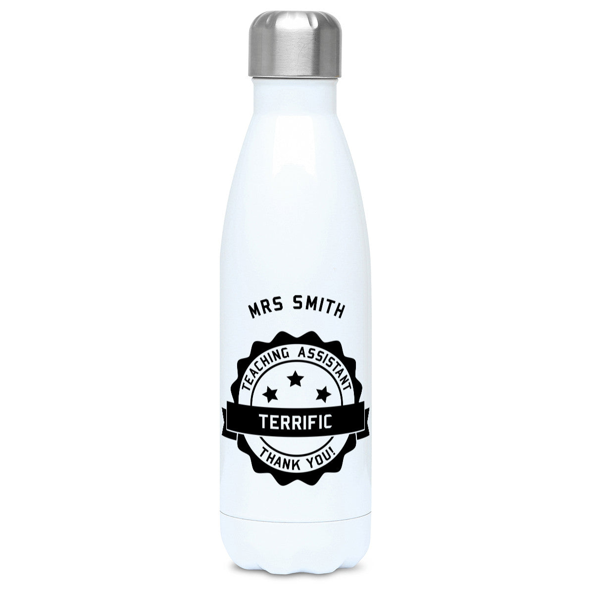 Personalised black circular banner design with the words 'terrific teaching assistant' on a white metal insulated drinks bottle, lid on