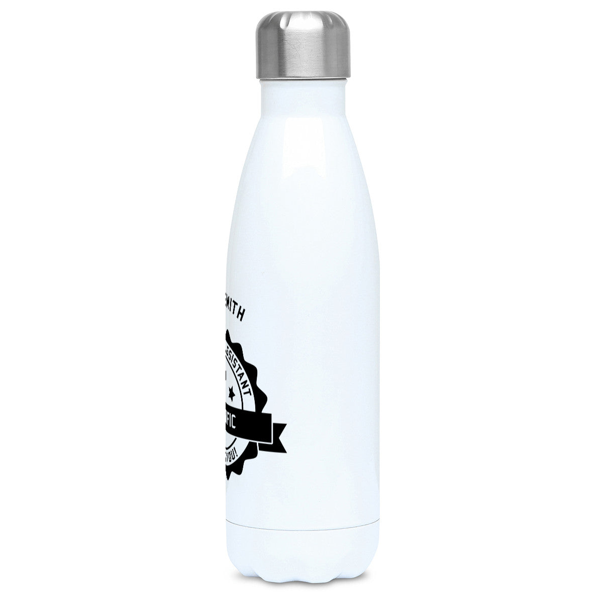 Personalised black circular banner design with the words 'terrific teaching assistant' on a white metal insulated drinks bottle, side view