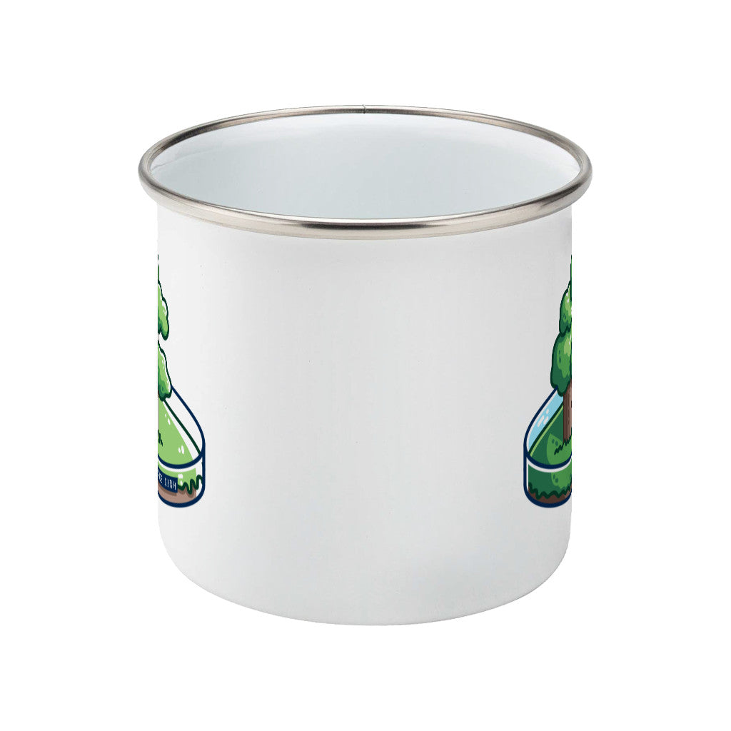 A silver rimmed white enamel mug seen side on with the handle hidden behind and a portion of the design visible at each edge of the mug.