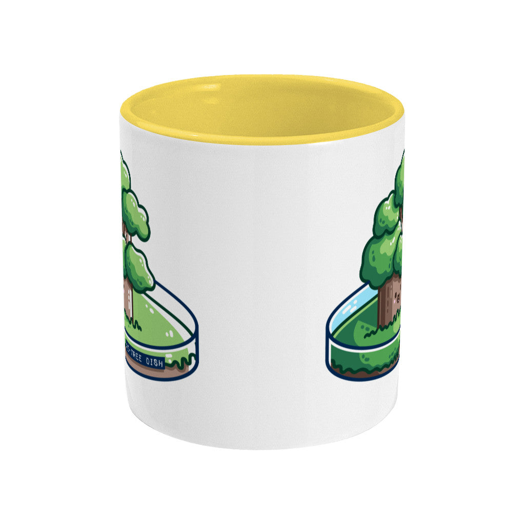 A two toned white and yellow ceramic mug seen side on with the handle hidden behind and a portion of the design visible at each edge of the mug.