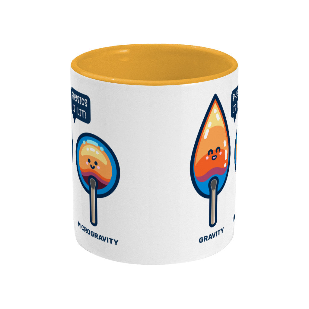 A yellow and white two toned ceramic mug, side view with the handle hidden behind and the edges of the front and back design showing