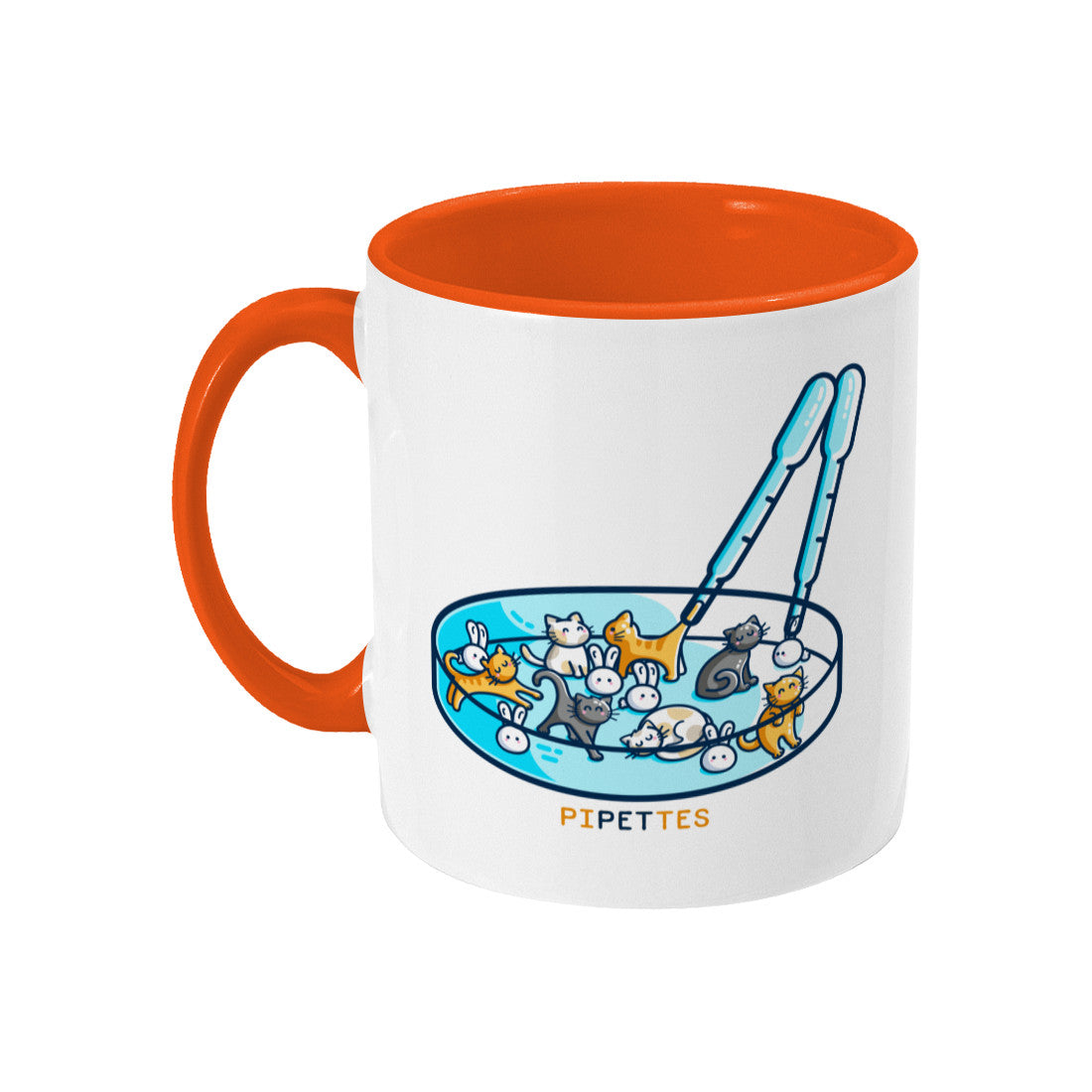 A white mug with an orange coloured handle and inside, handle pointing to the left. Design on the mug is a petri dish or cats and rabbits with two pipettes and the word pipettes beneath.