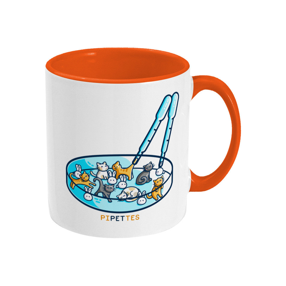 A white mug with an orange coloured handle and inside, handle pointing to the right. Design on the mug is a petri dish or cats and rabbits with two pipettes and the word pipettes beneath.