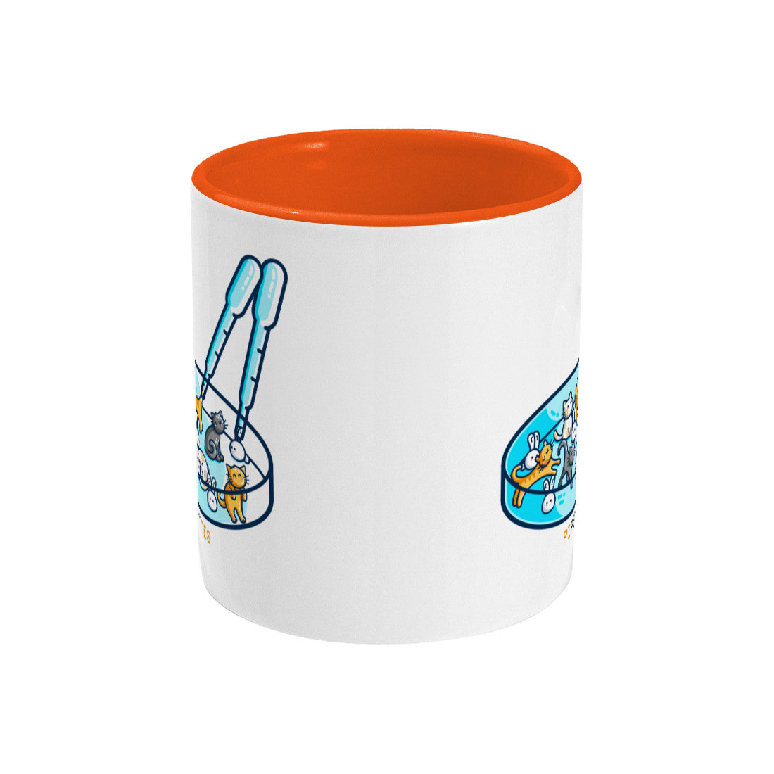 A white mug with an orange coloured handle and inside, side view with handle hidden behind and only portions of the design printed on the front and back of the mug visible.