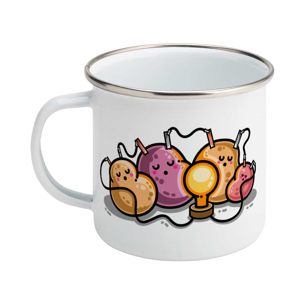 A silver rimmed white enamel mug, handle to the left, with a design of a potato battery of 4 potatoes asleep around a light bulb they are powering