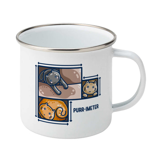 A silver rimmed white enamel mug featuring three cute cats in adjoining cardboard boxes seen from directly above, with measurement lines around the edges and the word 'purr-imeter'.