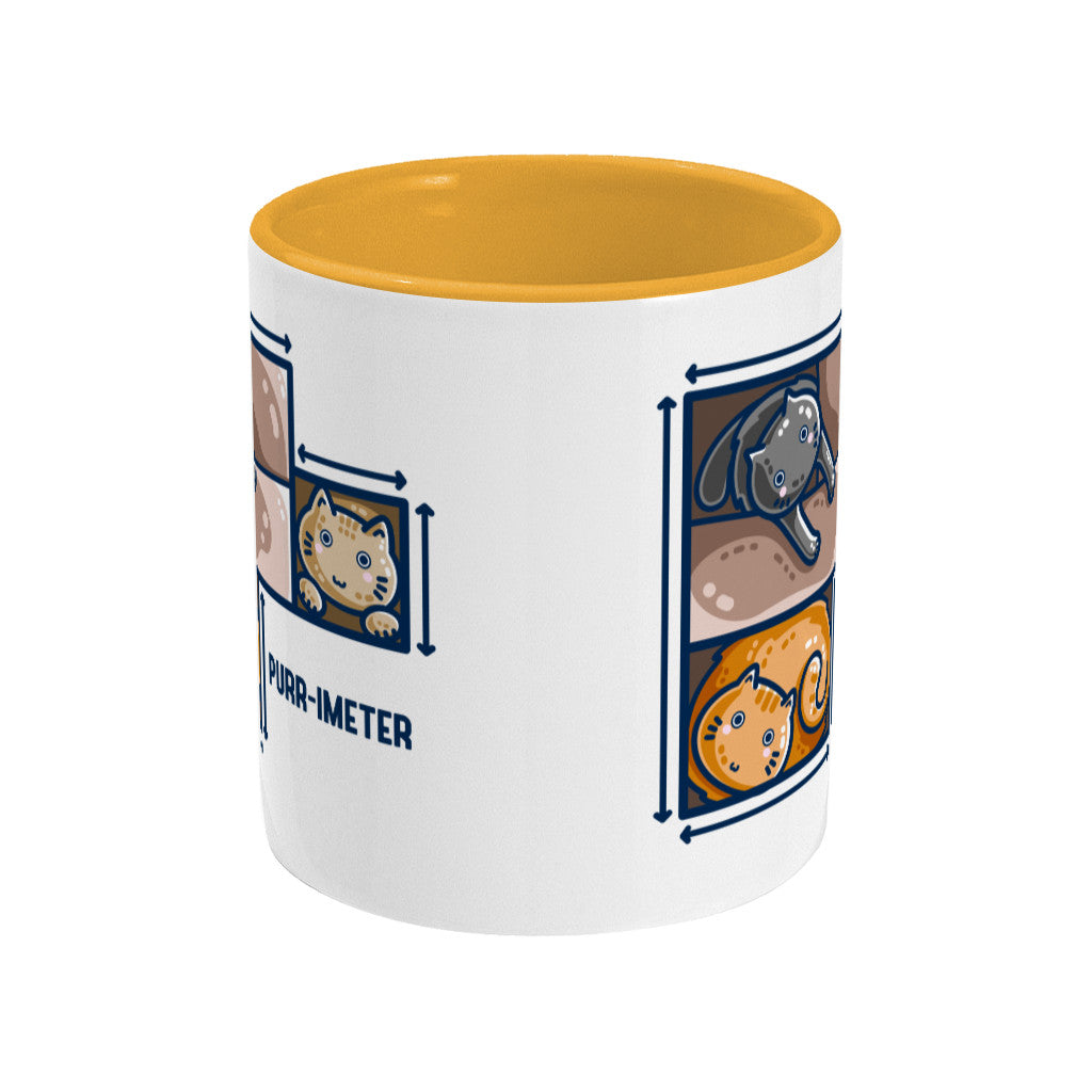 A two toned white and yellow ceramic mug seen side on with the handle hidden behind and a portion of the design visible at each edge of the mug.