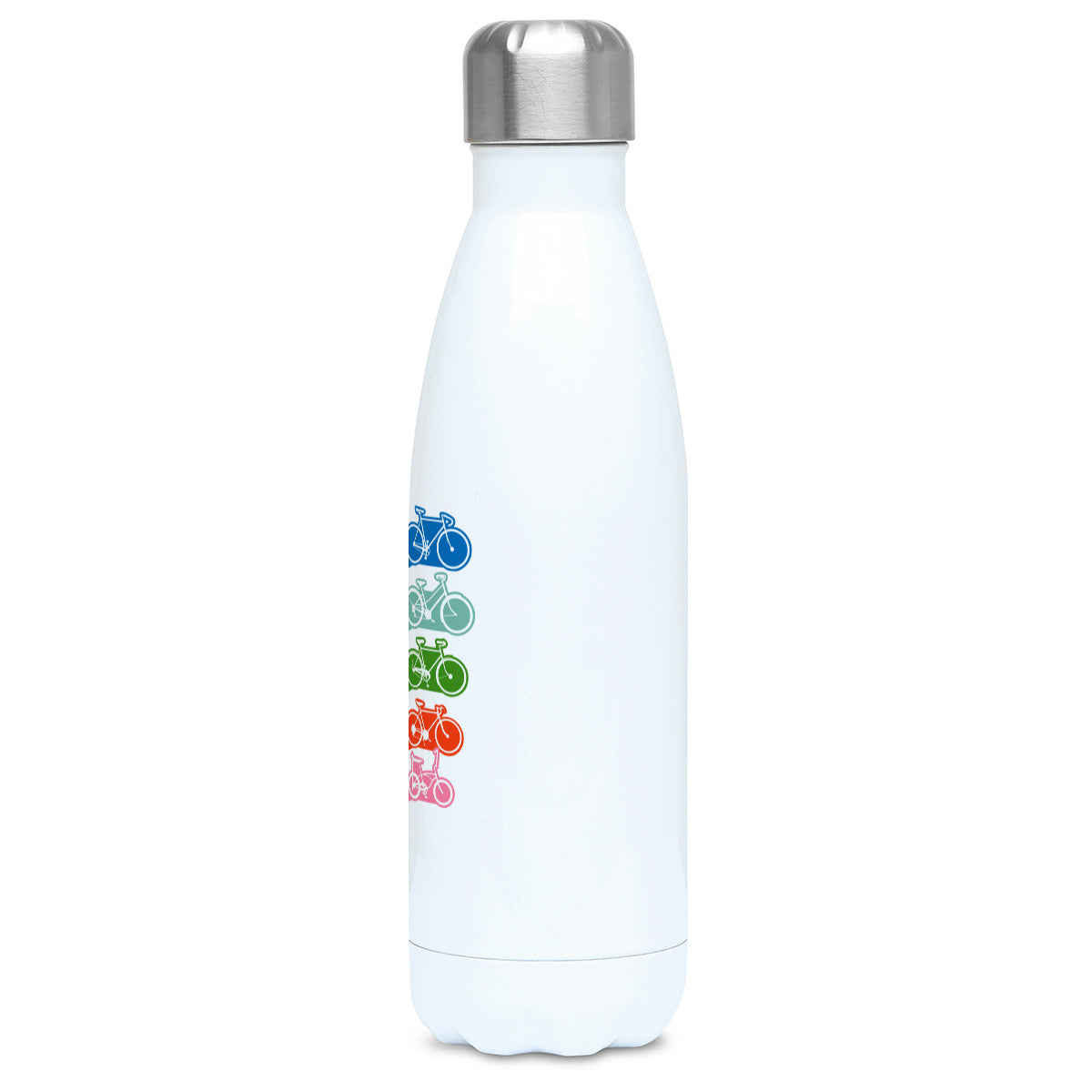 Five retro coloured diagonal stripes leading to different styles of bikes on a white metal insulated drinks bottle, side view
