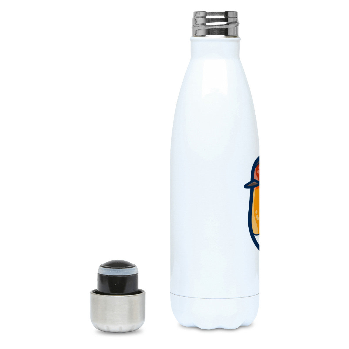A tall white stainless steel drinks bottle seen side on with its lid off and screw neck visible and the edge of the design showing.