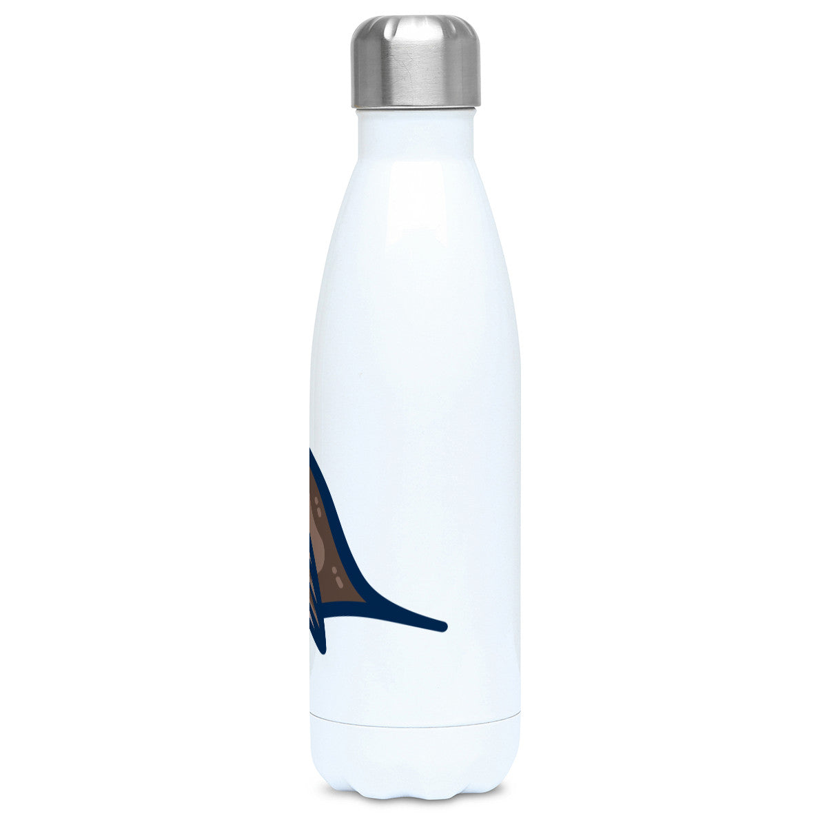 A tall white stainless steel drinks bottle seen side on with its silver lid on and the edge of the design showing.