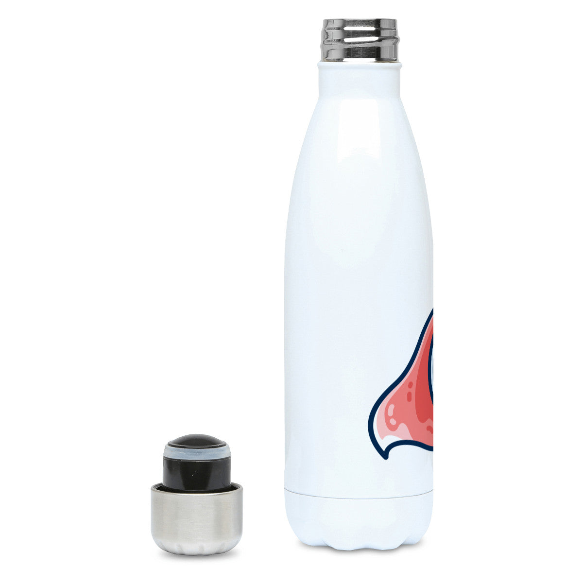A white stainless steel drink bottle with a picture of a liquid droplet wearing a red superhero costume with 4He on its chest - side view with lid off