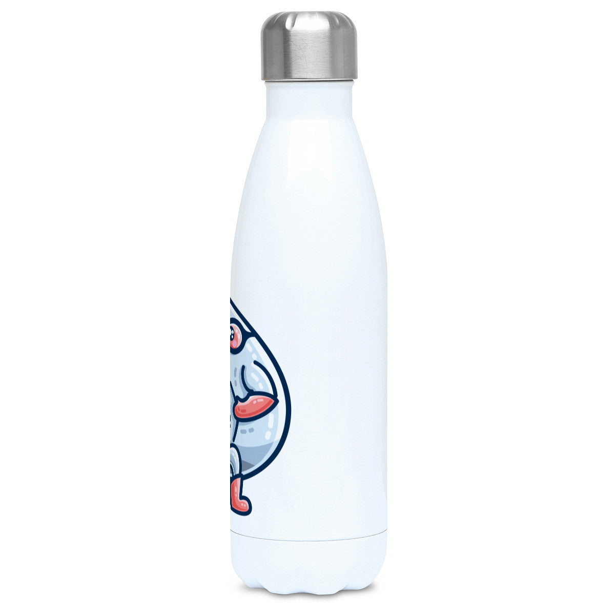 A white stainless steel drink bottle with a picture of a liquid droplet wearing a red superhero costume with 4He on its chest - side view with lid on