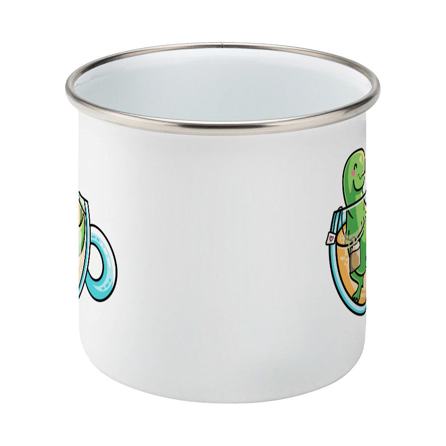 Green tyrannosaurus rex dinosaur in a glass teacup design on a silver rimmed white enamel mug, side view