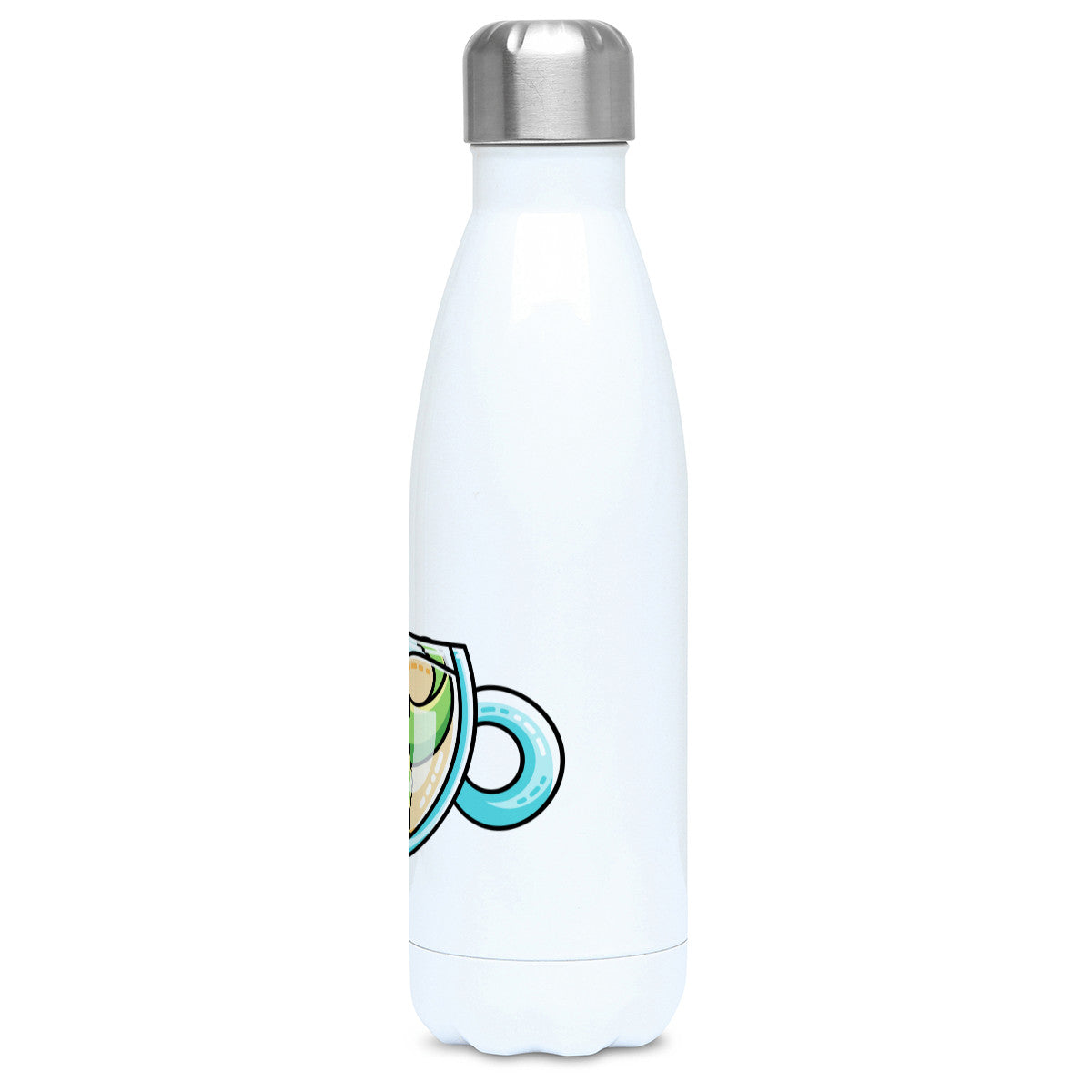 Green tyrannosaurus rex dinosaur in a glass teacup design on a white metal insulated drinks bottle, side view