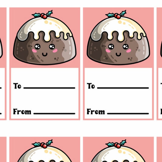 Picture of a grid of printable gift tags of a kawaii cute Christmas pudding above two lines with to and from