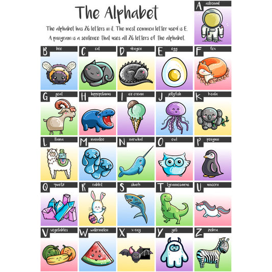 Each letter of the alphabet illustrated with a kawaii cute picture