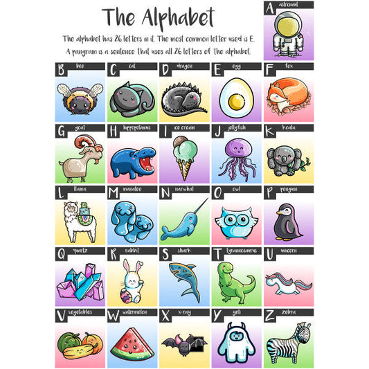 Each letter of the alphabet illustrated with a kawaii cute picture