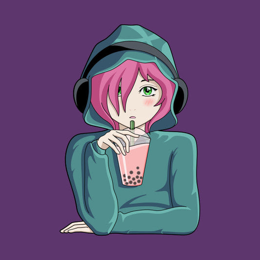 Anime girl with headphones and boba tea