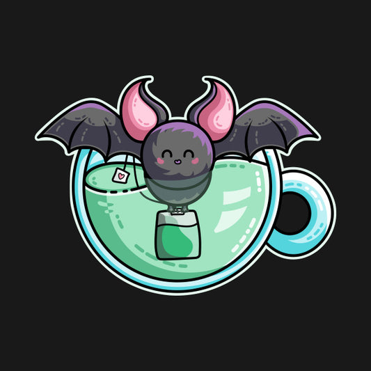 A cute bat carrying a tea bag in a cup of green tea
