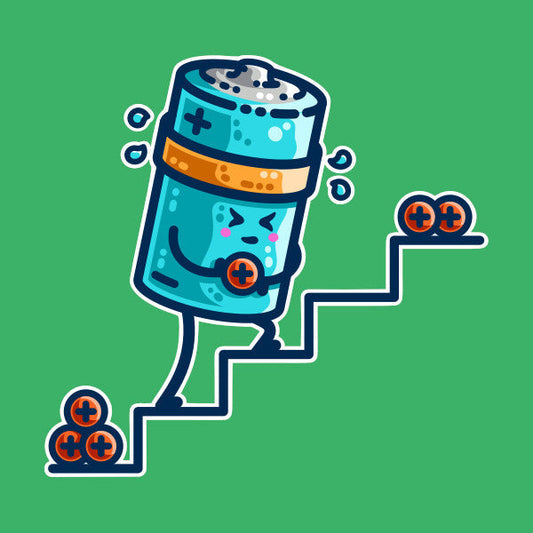A kawaii cute blue cylindrical battery wearing an orange sweatband, with a facial expression of effort, moving positive charge up steps.