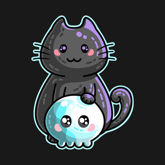 Cute black cat with their paw on a cute skull